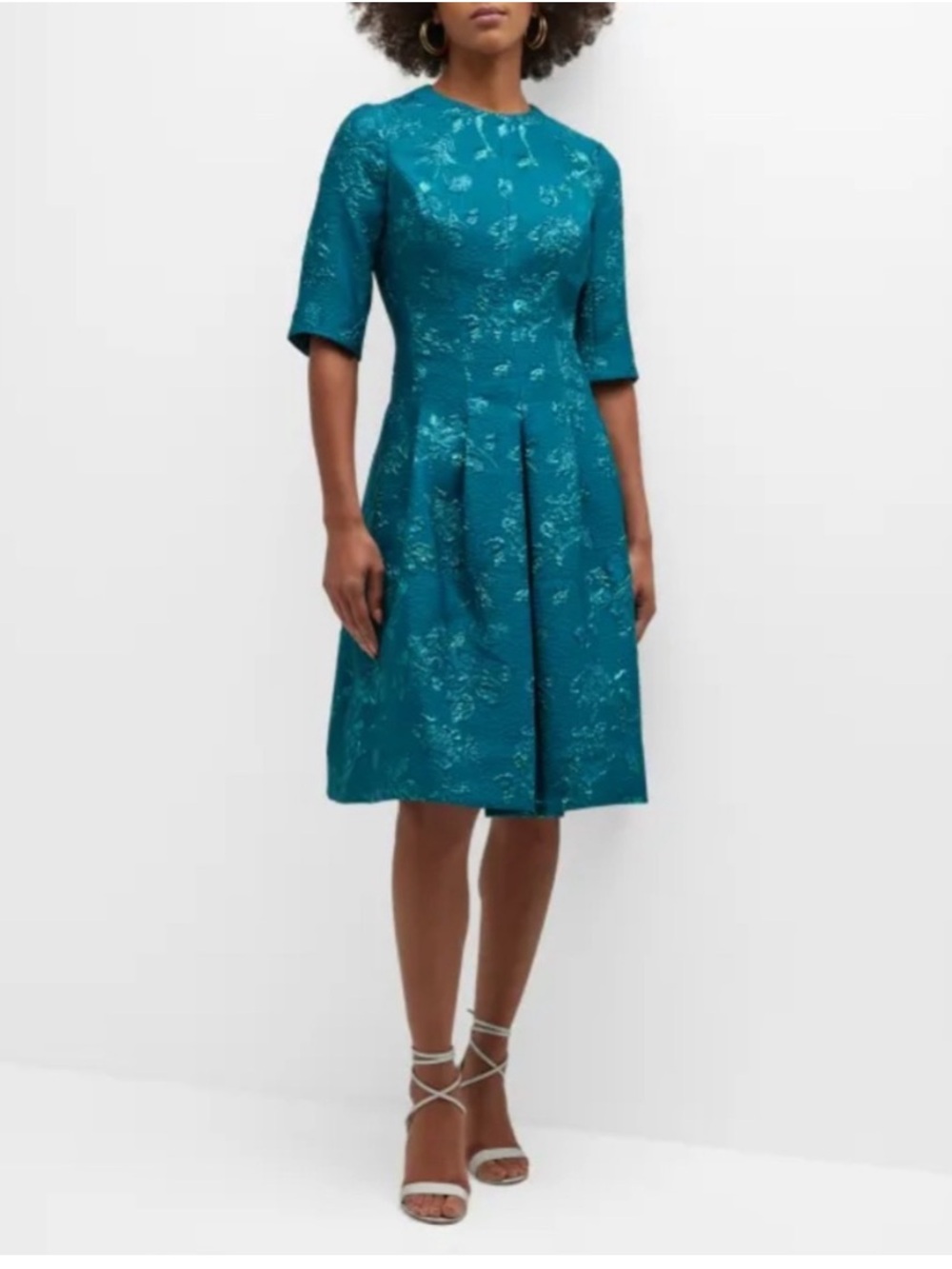 Rickie Freeman for Teri Jon Teal Pleated Floral Jacquard Midi Dress 2 - Picture 7 of 7